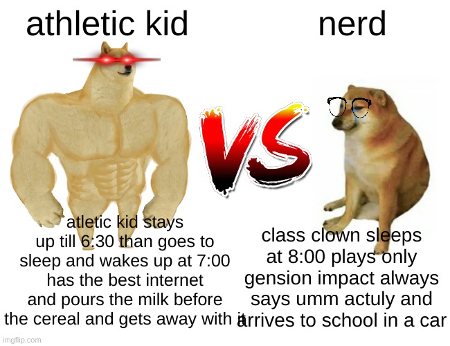 who will win? | athletic kid; nerd; atletic kid stays up till 6:30 than goes to sleep and wakes up at 7:00 has the best internet and pours the milk before the cereal and gets away with it; class clown sleeps at 8:00 plays only gension impact always says umm actuly and arrives to school in a car | image tagged in memes,buff doge vs cheems,soyboy vs yes chad | made w/ Imgflip meme maker