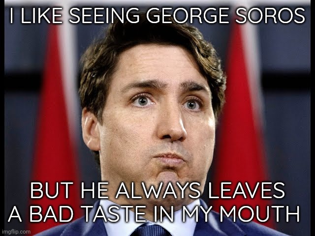Soros drives his point home. | I LIKE SEEING GEORGE SOROS; BUT HE ALWAYS LEAVES A BAD TASTE IN MY MOUTH | image tagged in trudeau mouthful,george soros | made w/ Imgflip meme maker