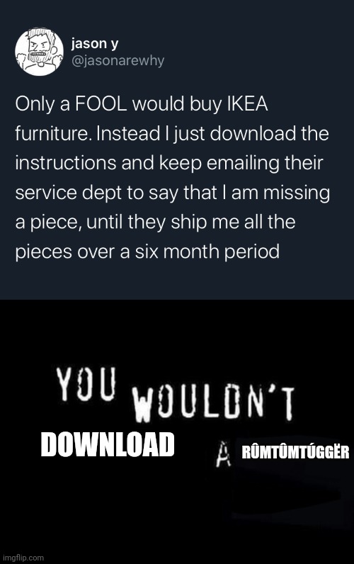 Bro pirating furniture | DOWNLOAD; RÛMTÛMTÚGGËR | image tagged in you wouldn t x a y | made w/ Imgflip meme maker