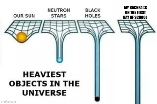 heaviest objects | MY BACKPACK ON THE FIRST DAY OF SCHOOL | image tagged in heaviest objects | made w/ Imgflip meme maker