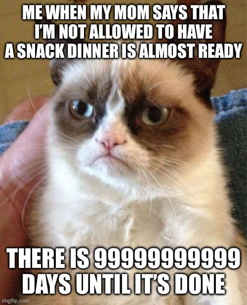 I’m hungry | ME WHEN MY MOM SAYS THAT I’M NOT ALLOWED TO HAVE A SNACK DINNER IS ALMOST READY; THERE IS 99999999999 DAYS UNTIL IT’S DONE | image tagged in memes,grumpy cat | made w/ Imgflip meme maker