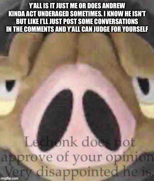 Yes I’m hating on Andrew. No I don’t give a shit. | Y’ALL IS IT JUST ME OR DOES ANDREW KINDA ACT UNDERAGED SOMETIMES. I KNOW HE ISN’T BUT LIKE I’LL JUST POST SOME CONVERSATIONS IN THE COMMENTS AND Y’ALL CAN JUDGE FOR YOURSELF | image tagged in lechonk does not approve | made w/ Imgflip meme maker