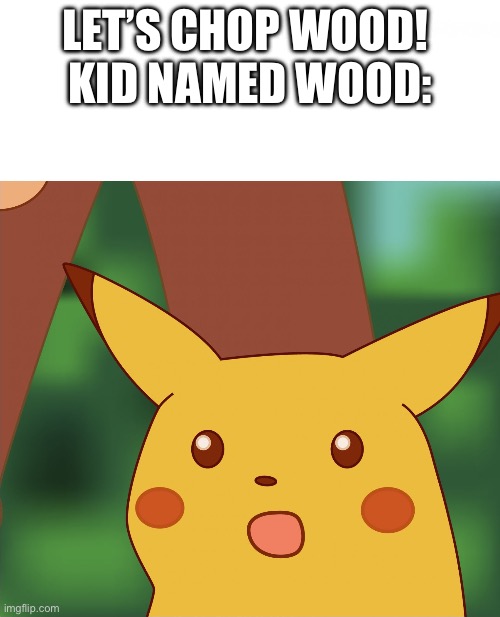 Credits to my best friend from school for the idea | LET’S CHOP WOOD! 
KID NAMED WOOD: | image tagged in surprised pikachu high quality | made w/ Imgflip meme maker