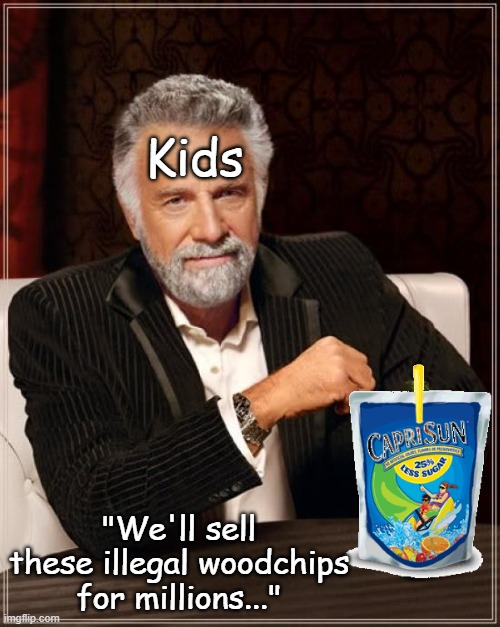 Playground Dealers | Kids; "We'll sell these illegal woodchips for millions..." | image tagged in memes,the most interesting man in the world | made w/ Imgflip meme maker