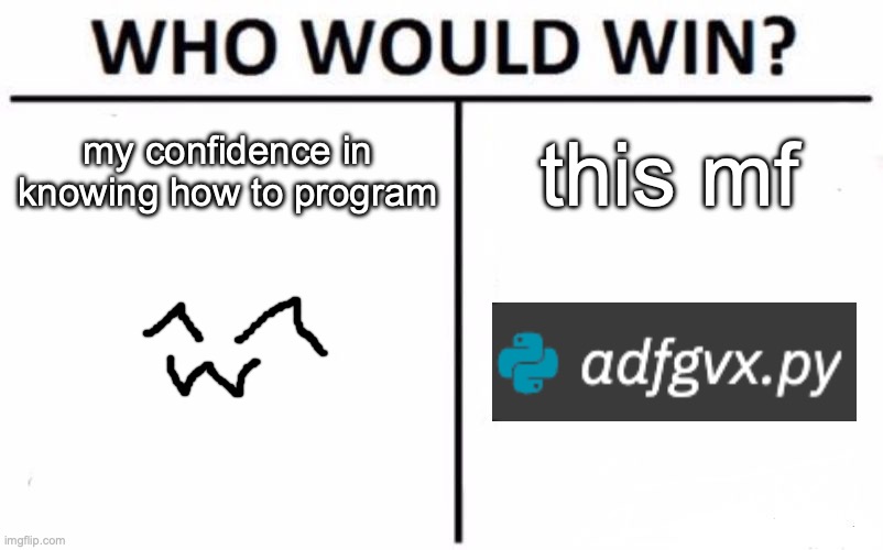 stupid ass germans making good ciphers | my confidence in knowing how to program; this mf | image tagged in memes,who would win | made w/ Imgflip meme maker