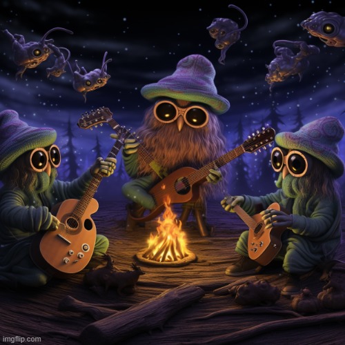 Eldritch Dreams | image tagged in eldritch dreams,guitars,singing around a campfire,starry night | made w/ Imgflip meme maker