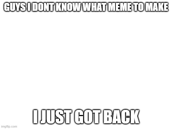 i have no clue what to do rn | GUYS I DONT KNOW WHAT MEME TO MAKE; I JUST GOT BACK | image tagged in fun | made w/ Imgflip meme maker