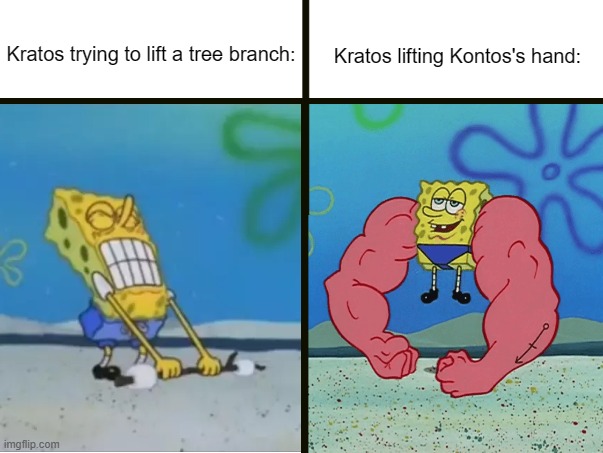 The Duality of Man. I spent 30 minutes trying to life the tree in the first level. | Kratos trying to lift a tree branch:; Kratos lifting Kontos's hand: | image tagged in god of war,gaming,memes | made w/ Imgflip meme maker
