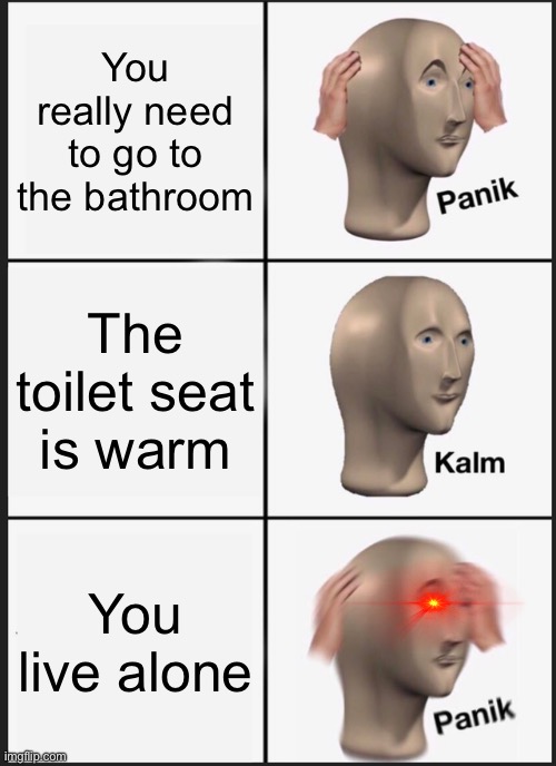 Panik Kalm Panik Meme | You really need to go to the bathroom; The toilet seat is warm; You live alone | image tagged in memes,panik kalm panik | made w/ Imgflip meme maker