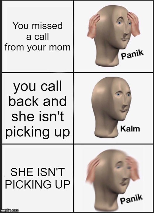 This means death. | You missed a call from your mom; you call back and she isn't picking up; SHE ISN'T PICKING UP | image tagged in memes,panik kalm panik | made w/ Imgflip meme maker