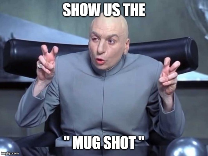 Dr Evil air quotes | SHOW US THE; " MUG SHOT " | image tagged in dr evil air quotes | made w/ Imgflip meme maker