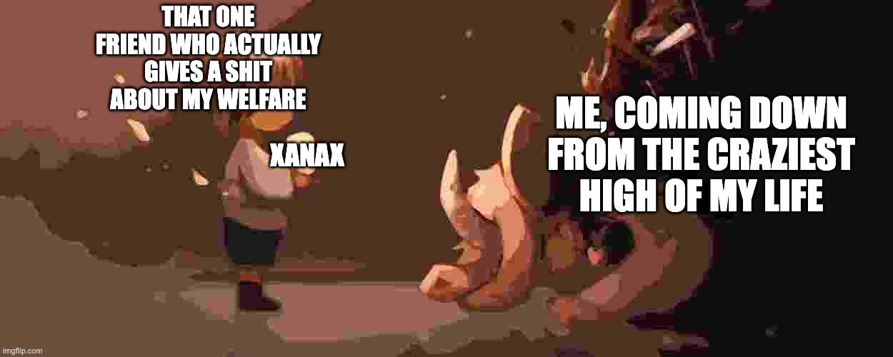 bad trip moment | THAT ONE FRIEND WHO ACTUALLY GIVES A SHIT ABOUT MY WELFARE; ME, COMING DOWN FROM THE CRAZIEST HIGH OF MY LIFE; XANAX | image tagged in frisk handing flowers to asriel,psychonaut,bad trip,xanax,drugs,funny | made w/ Imgflip meme maker