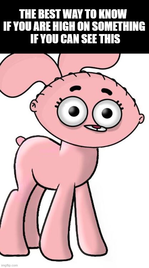 . | THE BEST WAY TO KNOW 
IF YOU ARE HIGH ON SOMETHING
 IF YOU CAN SEE THIS | image tagged in anais stewie pony,cursed | made w/ Imgflip meme maker