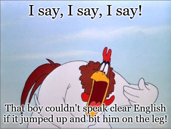 I said Boy! | I say, I say, I say! That boy couldn't speak clear English if it jumped up and bit him on the leg! | image tagged in foghorn,boy | made w/ Imgflip meme maker