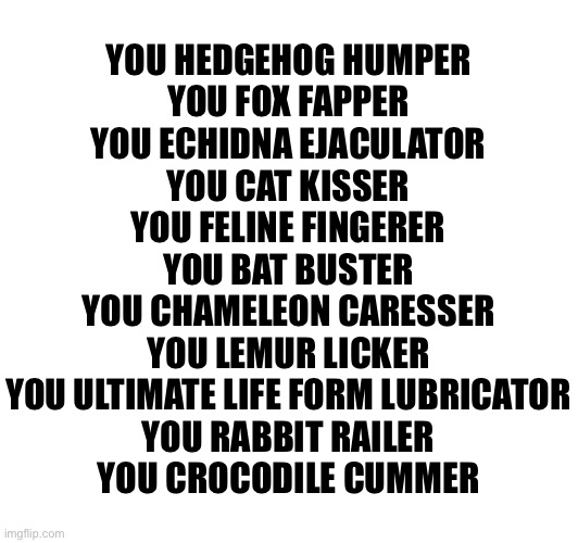 Insulting all Sonic fans in one run | YOU HEDGEHOG HUMPER
YOU FOX FAPPER
YOU ECHIDNA EJACULATOR
YOU CAT KISSER
YOU FELINE FINGERER
YOU BAT BUSTER
YOU CHAMELEON CARESSER
YOU LEMUR LICKER
YOU ULTIMATE LIFE FORM LUBRICATOR
YOU RABBIT RAILER
YOU CROCODILE CUMMER | made w/ Imgflip meme maker