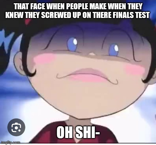 Kimiko's scared worried face expression | THAT FACE WHEN PEOPLE MAKE WHEN THEY KNEW THEY SCREWED UP ON THERE FINALS TEST; OH SHI- | image tagged in funny memes,kimiko's scared worried face,xiolion showdown,kimiko tohomiko,highschool/college finals always be like | made w/ Imgflip meme maker