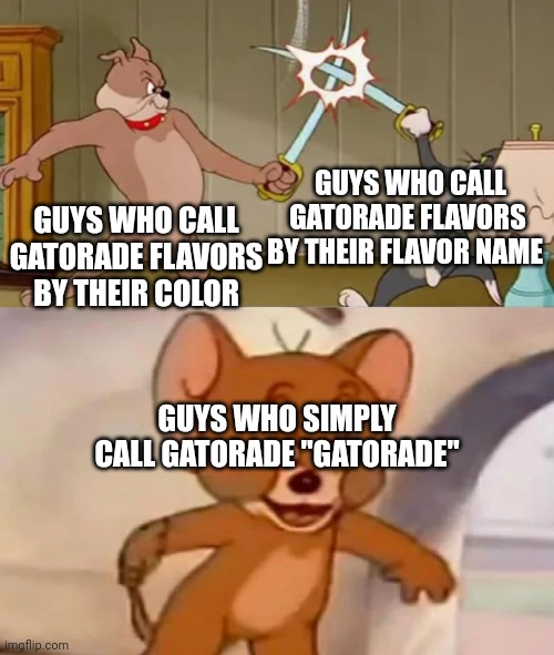 Gatorade flavors | GUYS WHO CALL GATORADE FLAVORS BY THEIR FLAVOR NAME; GUYS WHO CALL GATORADE FLAVORS BY THEIR COLOR; GUYS WHO SIMPLY CALL GATORADE "GATORADE" | image tagged in tom and spike fighting,gatorade,memes | made w/ Imgflip meme maker