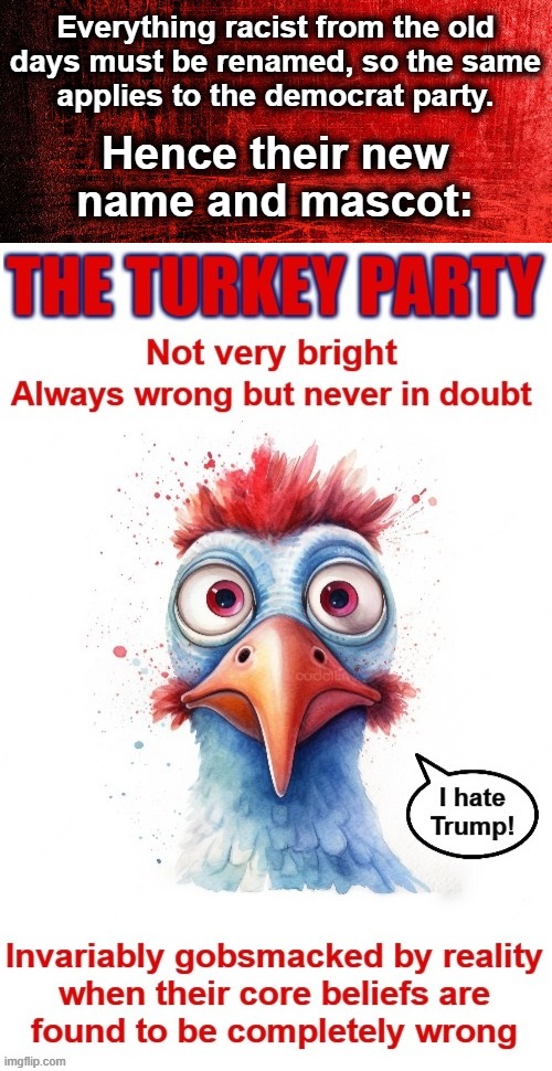 Based on a suggestion from AmericanViking | Everything racist from the old
days must be renamed, so the same
applies to the democrat party. Hence their new
name and mascot: | image tagged in memes,democrats,new party name,renamed,racist,turkey party | made w/ Imgflip meme maker
