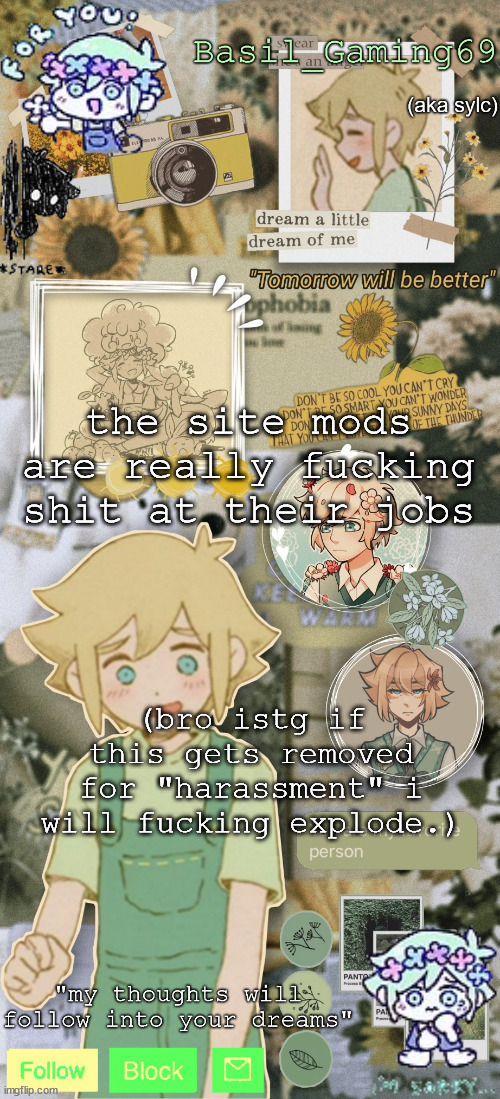 site mids when any sort of criticism: OMG THAT'S HARASSMENT!!!!!! | the site mods are really fucking shit at their jobs; (bro istg if this gets removed for "harassment" i will fucking explode.) | image tagged in basil gaming | made w/ Imgflip meme maker