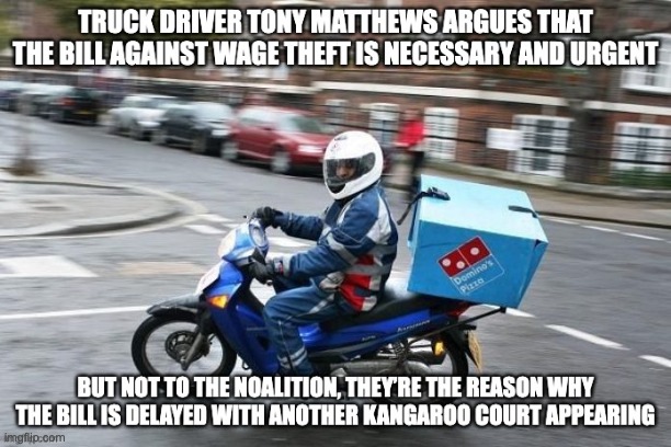 This is the second kangaroo court the Noalition want to set up in weeks | image tagged in pizza bike delivery,wage theft,developing now,kangaroo court,senate inquiry | made w/ Imgflip meme maker
