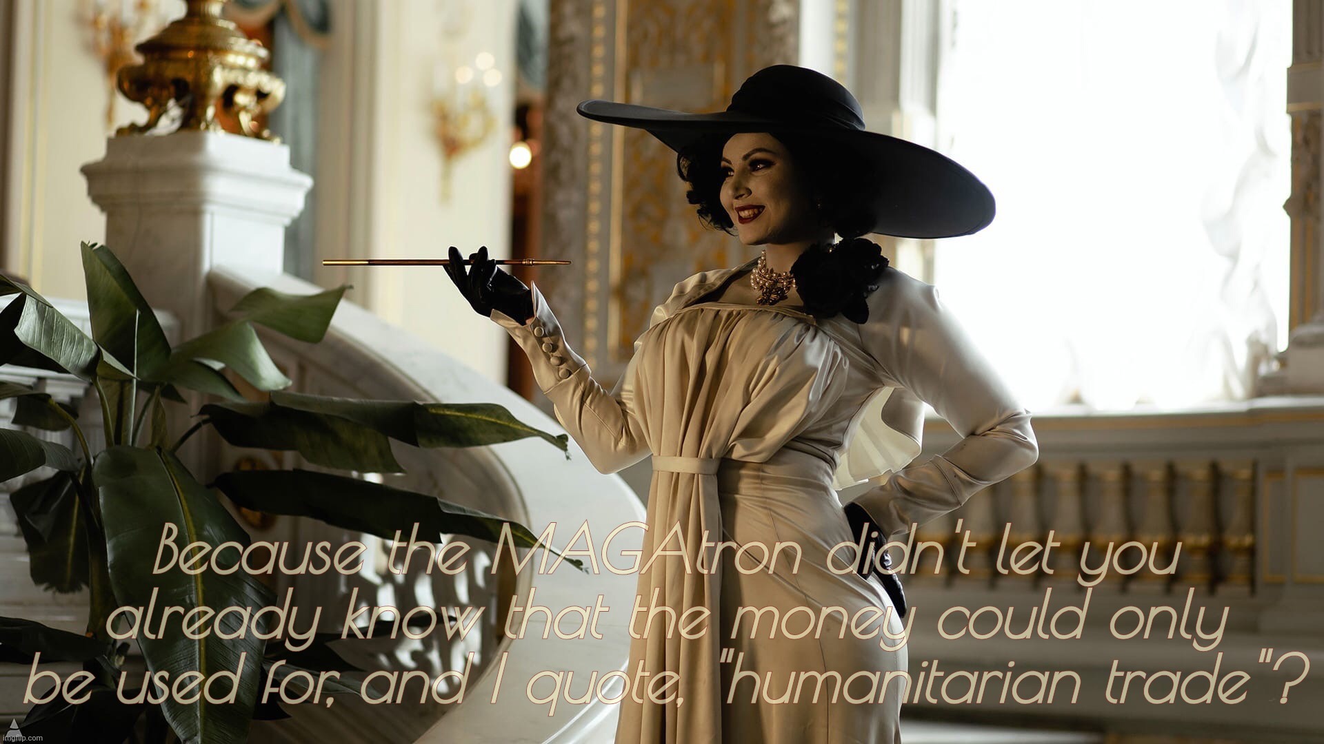Lady Dimitrescu  by Sazura  AKA Aleksandra Karpova | Because the MAGAtron didn't let you already know that the money could only be used for, and I quote, "humanitarian trade"? | image tagged in lady dimitrescu by sazura aka aleksandra karpova | made w/ Imgflip meme maker