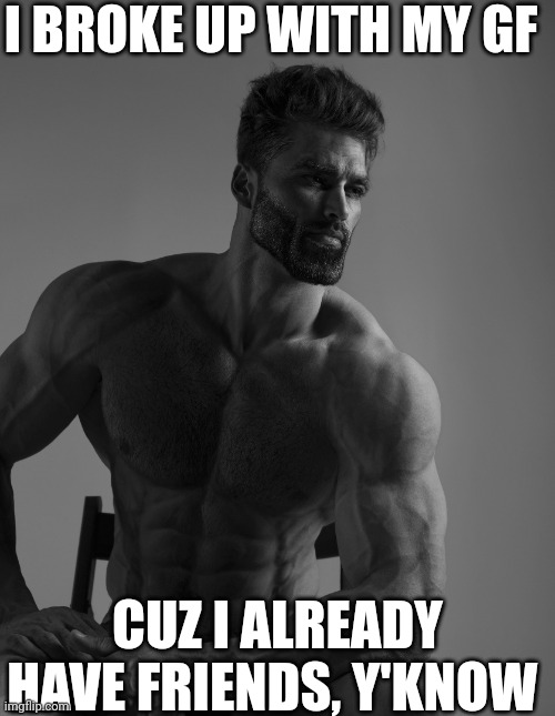 Who needs a gf when you have friends? | I BROKE UP WITH MY GF; CUZ I ALREADY HAVE FRIENDS, Y'KNOW | image tagged in giga chad | made w/ Imgflip meme maker