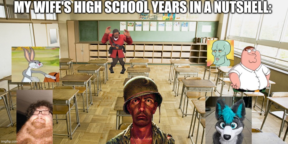 Her and I were in the most bizarre classroom ever.  She was the one always wearing a ww2 hat. | MY WIFE'S HIGH SCHOOL YEARS IN A NUTSHELL: | image tagged in wierd,funny,anti furry,wife,furry,what | made w/ Imgflip meme maker