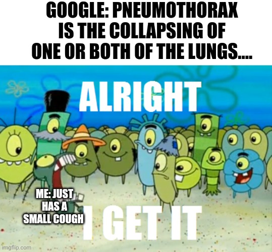 Just a small cough | GOOGLE: PNEUMOTHORAX IS THE COLLAPSING OF ONE OR BOTH OF THE LUNGS.... ME: JUST HAS A SMALL COUGH | image tagged in alright i get it | made w/ Imgflip meme maker