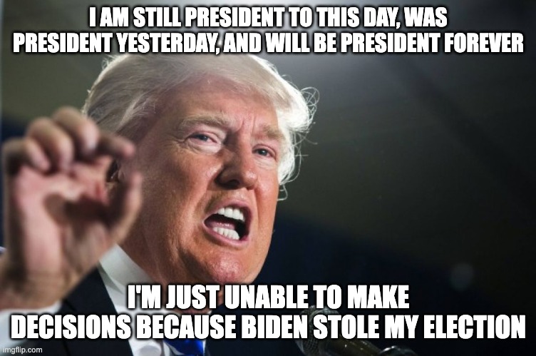 donald trump | I AM STILL PRESIDENT TO THIS DAY, WAS PRESIDENT YESTERDAY, AND WILL BE PRESIDENT FOREVER I'M JUST UNABLE TO MAKE DECISIONS BECAUSE BIDEN STO | image tagged in donald trump | made w/ Imgflip meme maker