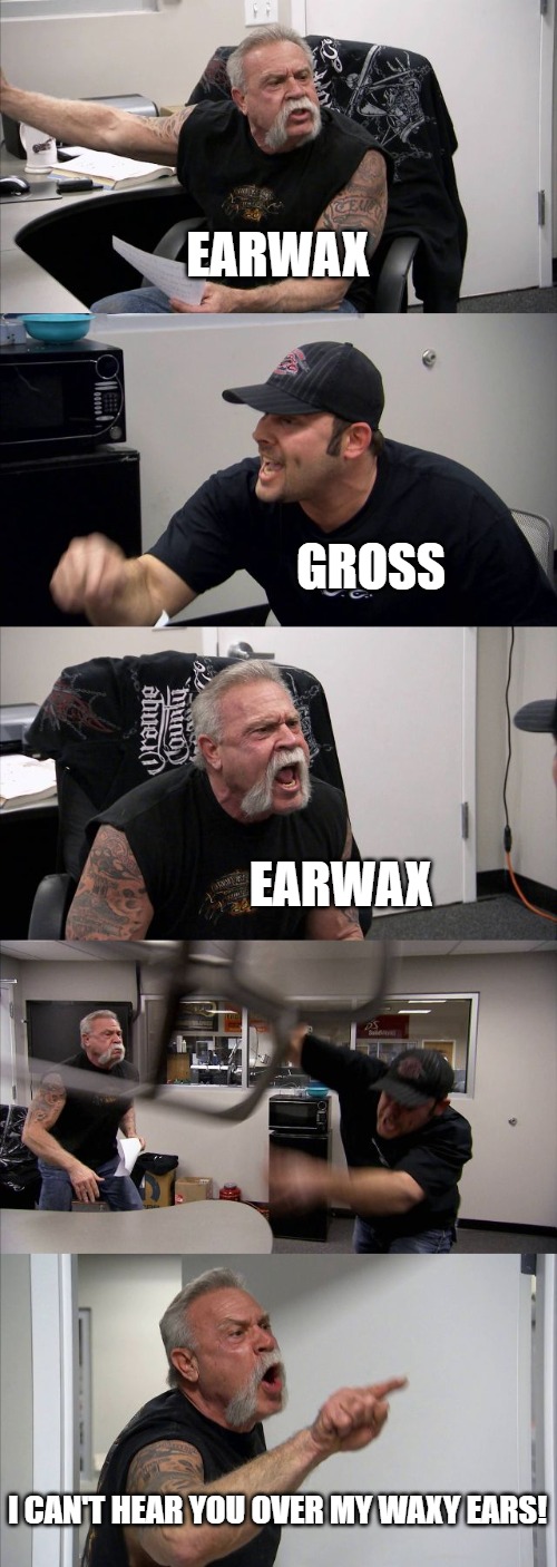 American Chopper Argument | EARWAX; GROSS; EARWAX; I CAN'T HEAR YOU OVER MY WAXY EARS! | image tagged in memes,american chopper argument | made w/ Imgflip meme maker