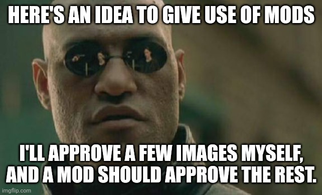 That's a nice idea. | HERE'S AN IDEA TO GIVE USE OF MODS; I'LL APPROVE A FEW IMAGES MYSELF, AND A MOD SHOULD APPROVE THE REST. | image tagged in memes,matrix morpheus | made w/ Imgflip meme maker