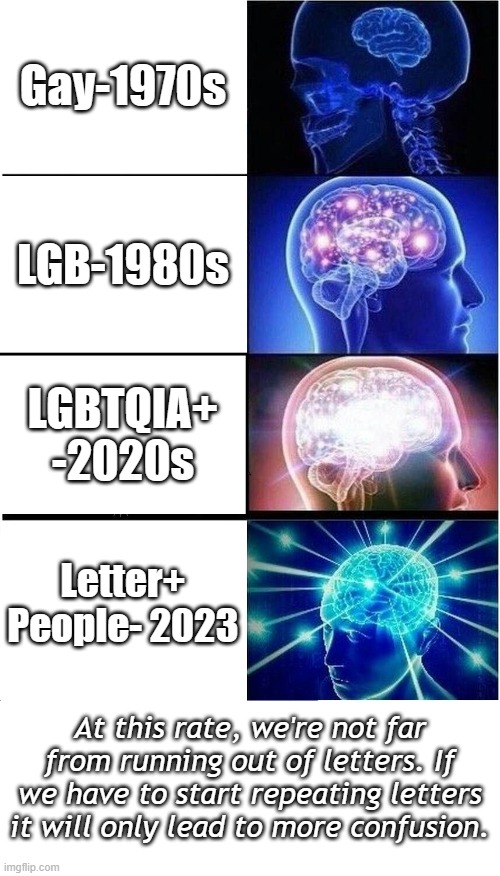 I'm not into labeling people, but culture is demanding it anymore.The simplest  methods are the best. | Gay-1970s; LGB-1980s; LGBTQIA+ -2020s; Letter+ People- 2023; At this rate, we're not far from running out of letters. If we have to start repeating letters it will only lead to more confusion. | image tagged in memes,expanding brain | made w/ Imgflip meme maker