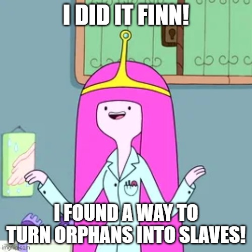 Yay Princess | I DID IT FINN! I FOUND A WAY TO TURN ORPHANS INTO SLAVES! | image tagged in dark humor,dark,memes,adventure time | made w/ Imgflip meme maker