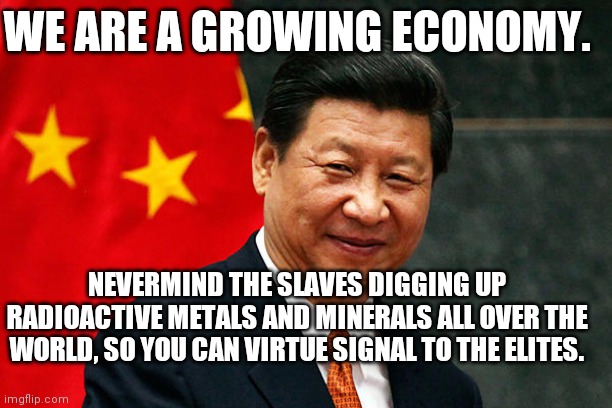 Xi Jinping | NEVERMIND THE SLAVES DIGGING UP RADIOACTIVE METALS AND MINERALS ALL OVER THE WORLD, SO YOU CAN VIRTUE SIGNAL TO THE ELITES. WE ARE A GROWING | image tagged in xi jinping | made w/ Imgflip meme maker
