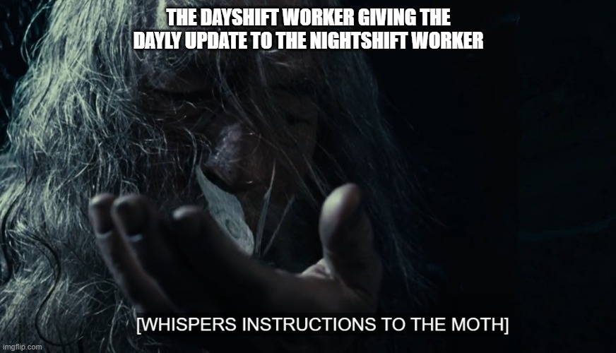 LotR is life | THE DAYSHIFT WORKER GIVING THE DAYLY UPDATE TO THE NIGHTSHIFT WORKER | image tagged in lotr,work | made w/ Imgflip meme maker