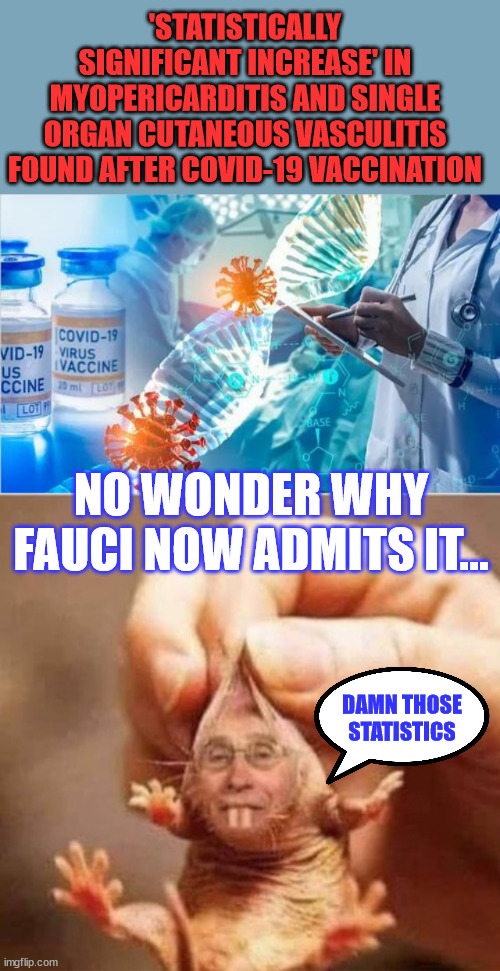 "Test" results are coming in...  You were the test... | 'STATISTICALLY SIGNIFICANT INCREASE' IN MYOPERICARDITIS AND SINGLE ORGAN CUTANEOUS VASCULITIS FOUND AFTER COVID-19 VACCINATION; NO WONDER WHY FAUCI NOW ADMITS IT... DAMN THOSE STATISTICS | image tagged in covid vaccine,truth,big pharma,government corruption,liars | made w/ Imgflip meme maker