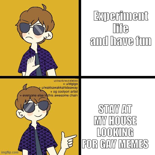 Enby Drake Meme | Experiment life and have fun; STAY AT MY HOUSE LOOKING FOR GAY MEMES | image tagged in enby drake meme | made w/ Imgflip meme maker