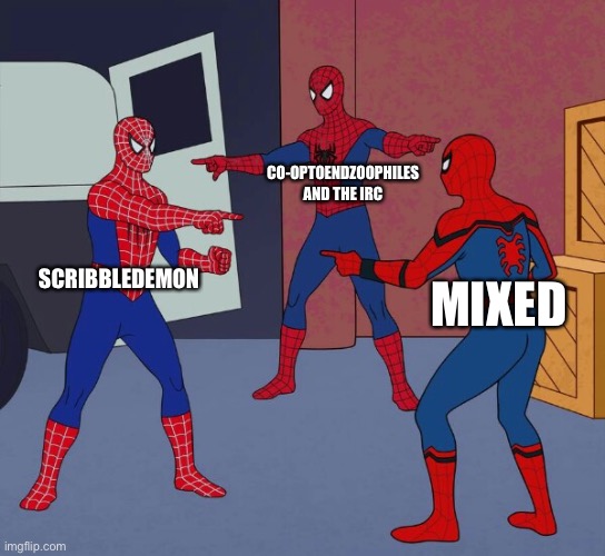 Spider Man Triple | SCRIBBLEDEMON CO-OPTOENDZOOPHILES AND THE IRC MIXED | image tagged in spider man triple | made w/ Imgflip meme maker