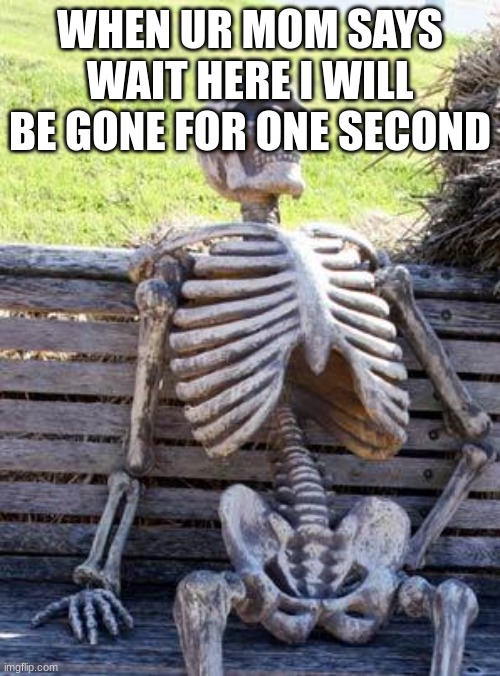 Waiting Skeleton Meme | WHEN UR MOM SAYS WAIT HERE I WILL BE GONE FOR ONE SECOND | image tagged in memes,waiting skeleton | made w/ Imgflip meme maker