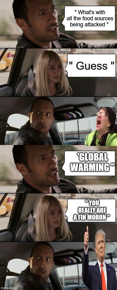Whats funny is they consider themselves smart. | " What's with all the food sources being attacked "; " Guess "; 'GLOBAL WARMING "; " YOU REALLY ARE A FIN MORON " | image tagged in the rock driving,democrats,traitors,morons | made w/ Imgflip meme maker