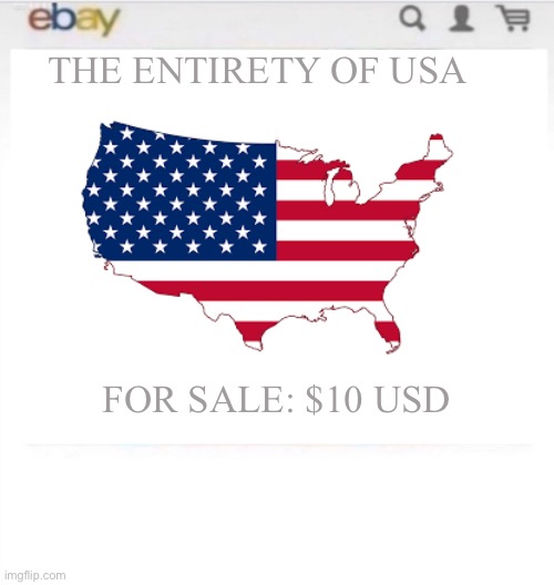 USA for sale | THE ENTIRETY OF USA; FOR SALE: $10 USD | image tagged in ebay sale | made w/ Imgflip meme maker