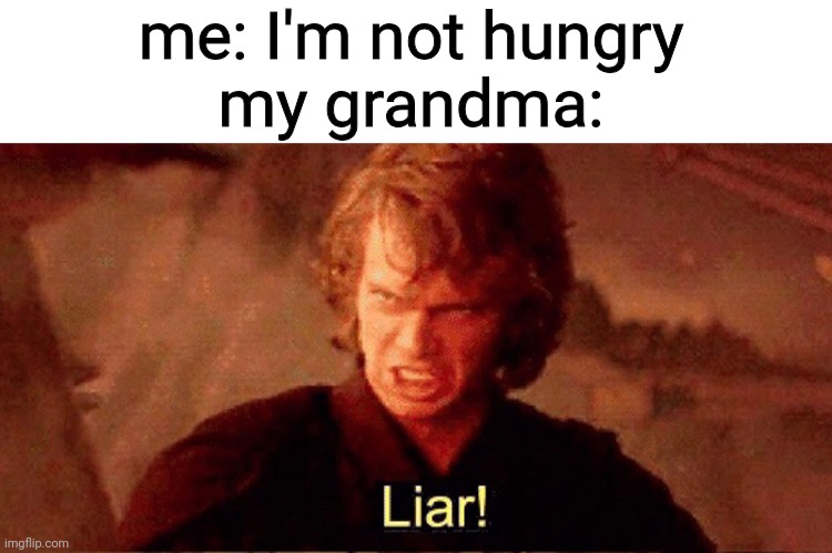 Anakin Liar! | me: I'm not hungry
my grandma: | image tagged in anakin liar | made w/ Imgflip meme maker