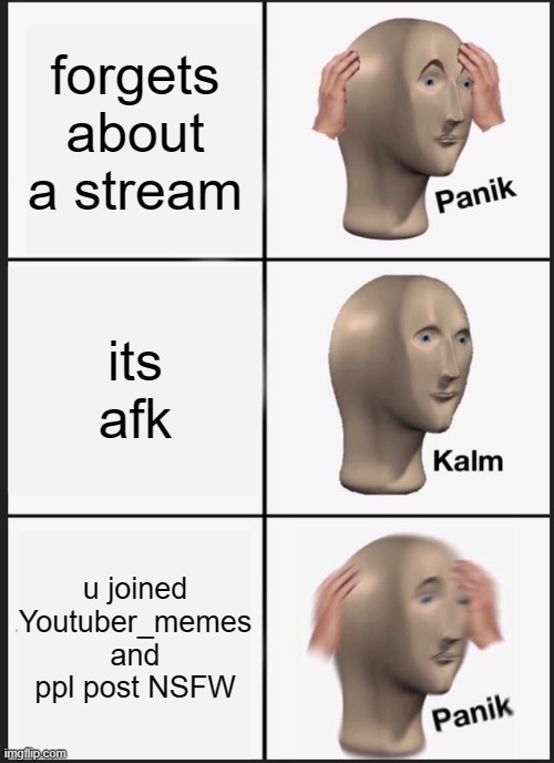 Panik Kalm Panik Meme | forgets about a stream; its afk; u joined Youtuber_memes and ppl post NSFW | image tagged in memes,panik kalm panik | made w/ Imgflip meme maker