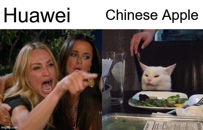 Do you agree that their emojis are kind of similar? | Huawei; Chinese Apple | image tagged in memes,woman yelling at cat,huawei,apple,technology,china | made w/ Imgflip meme maker
