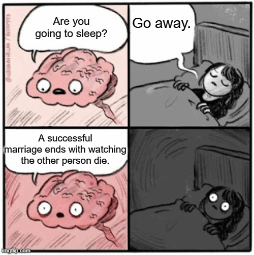 Brain Before Sleep | Go away. Are you going to sleep? A successful marriage ends with watching the other person die. | image tagged in brain before sleep,marriage,death | made w/ Imgflip meme maker