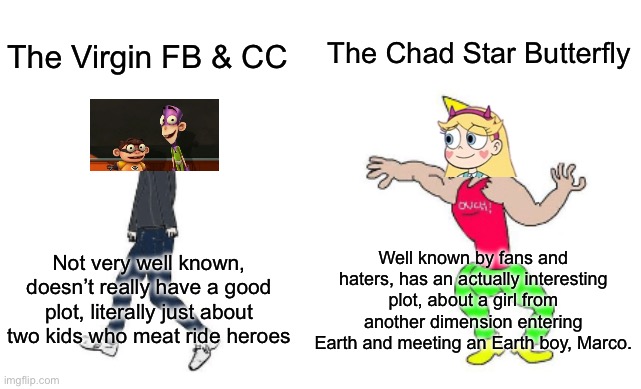 5utco (sorry Idk how to spell correct me if I’m wrong) but better | The Chad Star Butterfly; The Virgin FB & CC; Well known by fans and haters, has an actually interesting plot, about a girl from another dimension entering Earth and meeting an Earth boy, Marco. Not very well known, doesn’t really have a good plot, literally just about two kids who meat ride heroes | image tagged in virgin vs chad | made w/ Imgflip meme maker