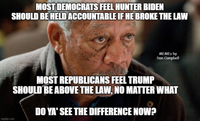 Morgan Freeman | MOST DEMOCRATS FEEL HUNTER BIDEN SHOULD BE HELD ACCOUNTABLE IF HE BROKE THE LAW; MEMEs by Dan Campbell; MOST REPUBLICANS FEEL TRUMP SHOULD BE ABOVE THE LAW, NO MATTER WHAT; DO YA' SEE THE DIFFERENCE NOW? | image tagged in morgan freeman | made w/ Imgflip meme maker