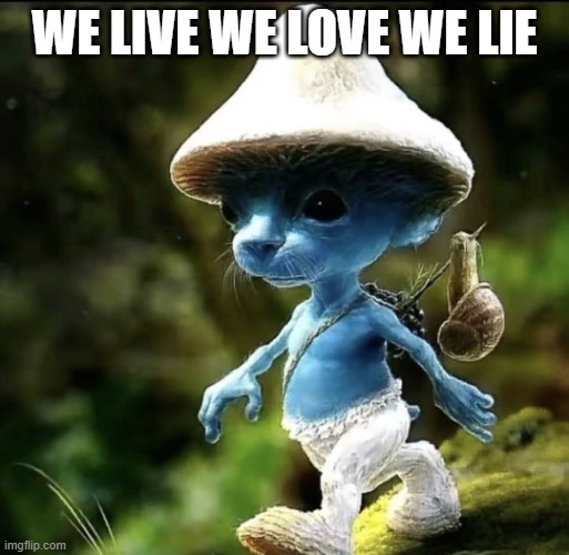 WE LIVE WE LOVE WE LIE | WE LIVE WE LOVE WE LIE | image tagged in blue smurf cat | made w/ Imgflip meme maker