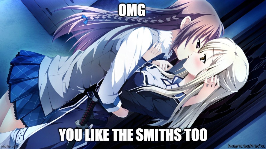 anime girls kissing | OMG; YOU LIKE THE SMITHS TOO | image tagged in anime girls kissing | made w/ Imgflip meme maker