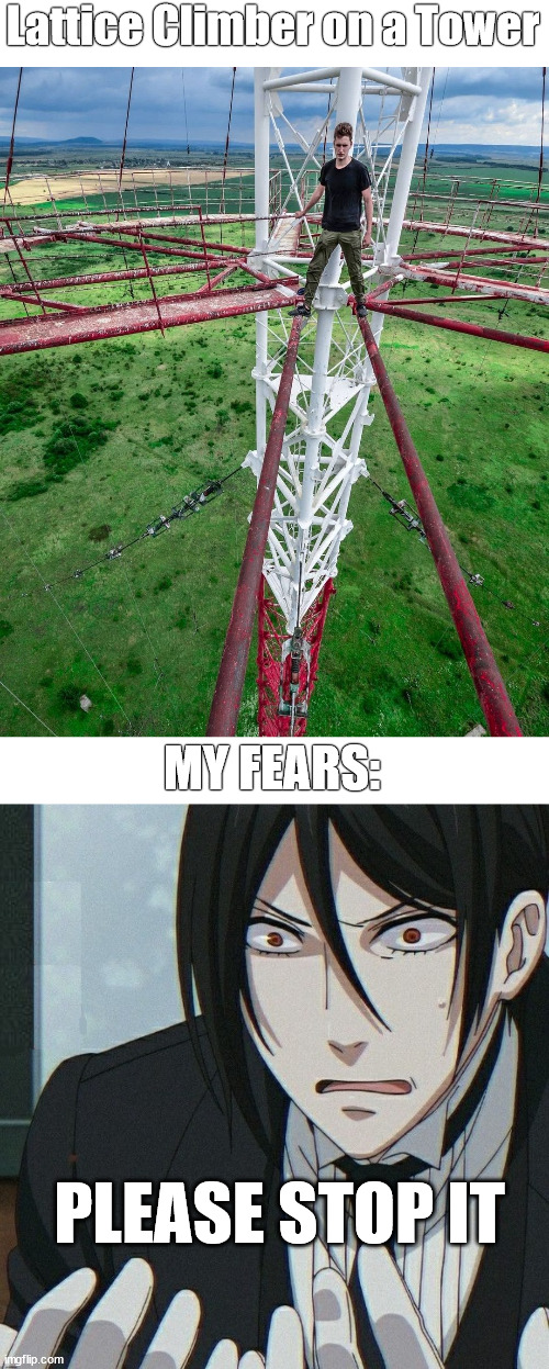 Acrophobia, the climbing | Lattice Climber on a Tower; MY FEARS:; PLEASE STOP IT | image tagged in black butler,anime,meme,germany,latticeclimbing,template | made w/ Imgflip meme maker